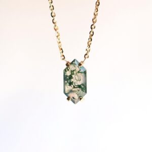 Solitaire Moss Agate Necklace, Hexagon Moss Agate Necklace For Her