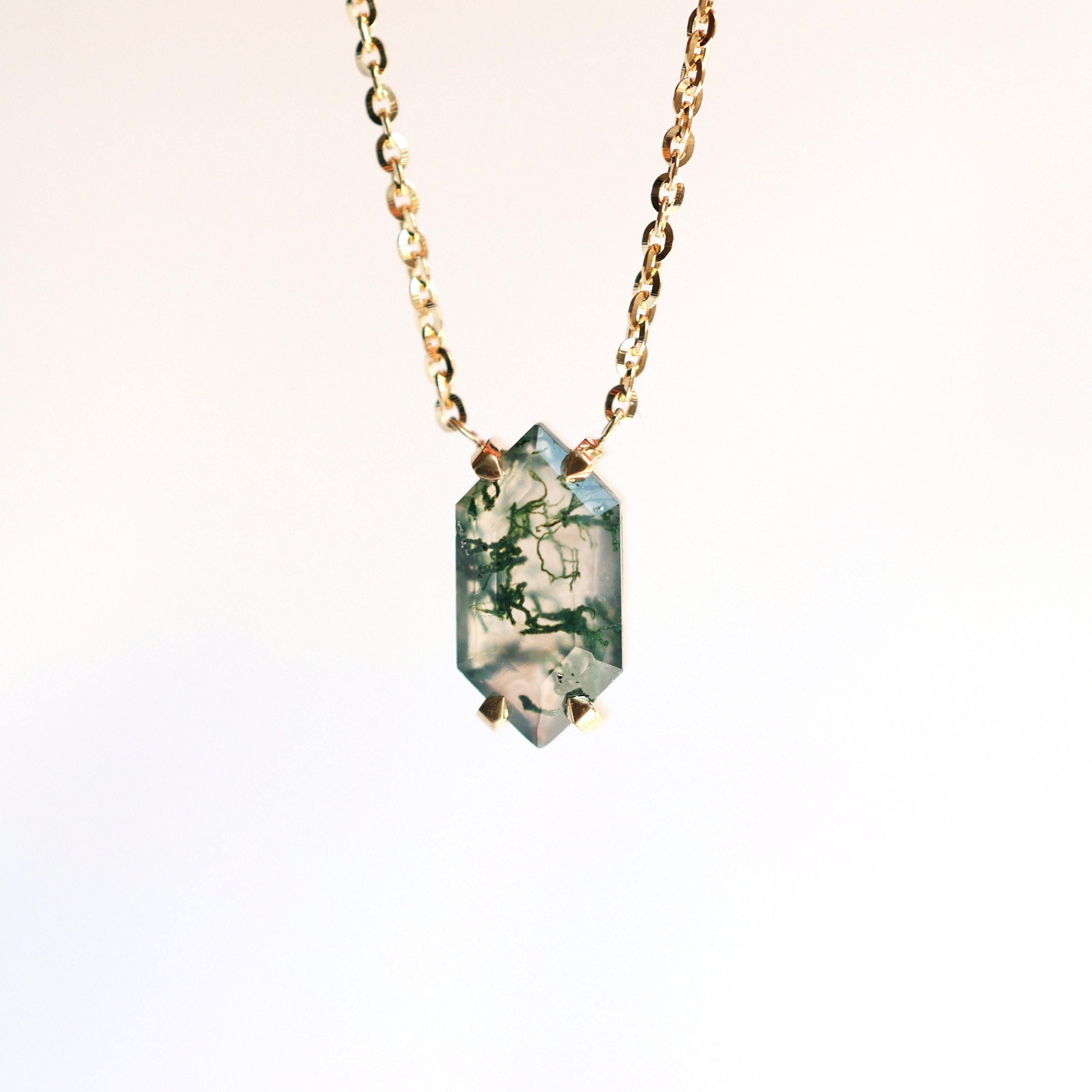 Solitaire Moss Agate Necklace, Hexagon Moss Agate Necklace For Her
