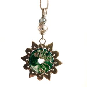 Moss agate sun necklace, Handmade sterling silver, whimsigoth boho jewellery for hippie wedding