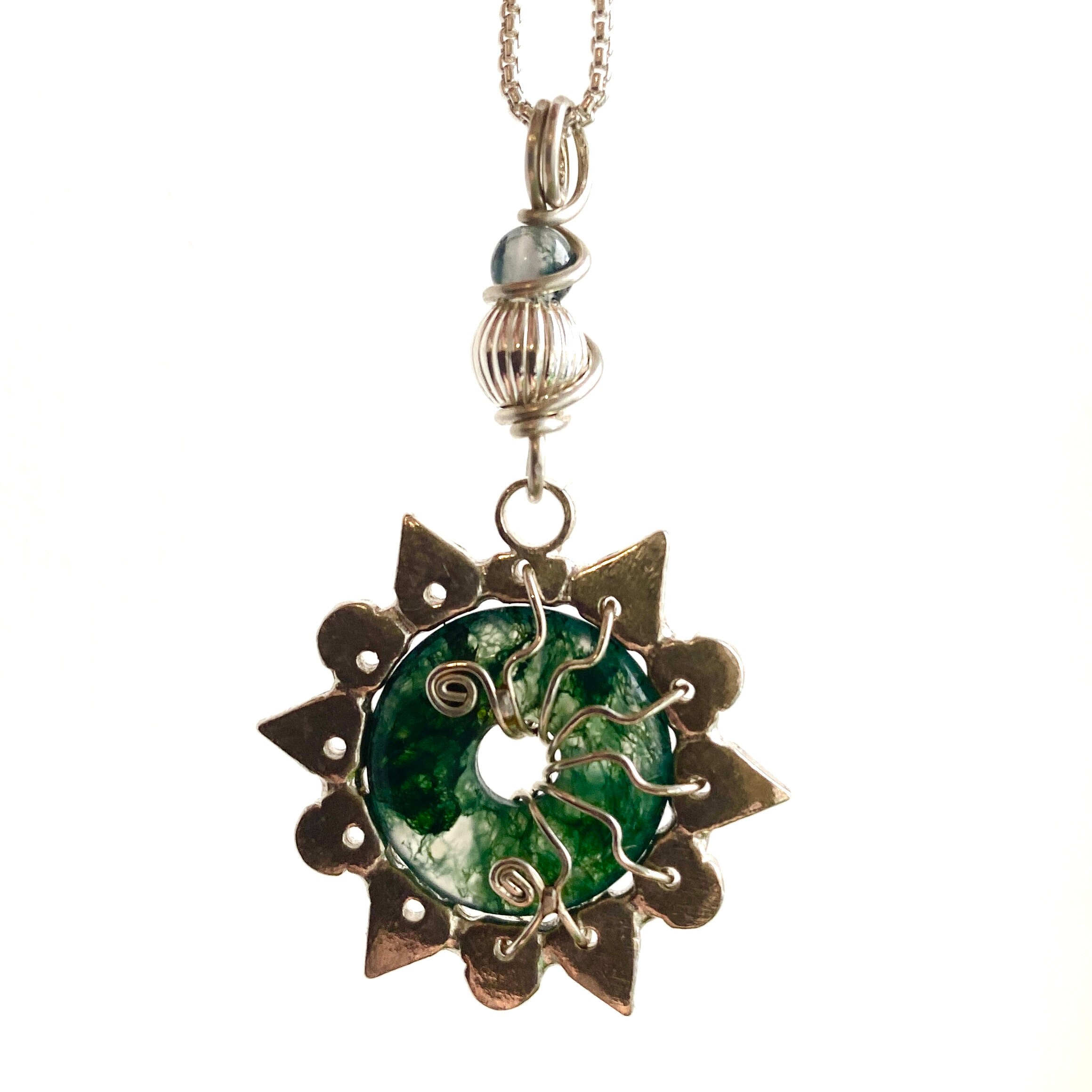Moss Agate Sun Necklace, Handmade Sterling Silver, Whimsigoth Boho Jewellery For Hippie Wedding Moss Agate Sun Necklace, Handmade Sterling Silver, Whimsigoth Boho Jewellery For Hippie Wedding