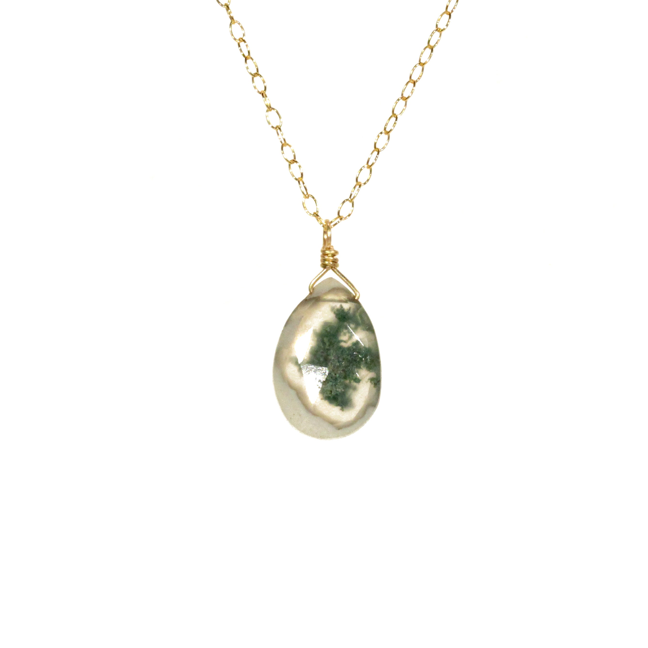 Teardrop Moss Agate Necklace: 14k Gold Filled Chain, Green Gemstone Teardrop Moss Agate Necklace: 14k Gold Filled Chain, Green Gemstone