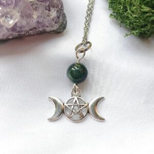 Moss Agate Triple Moon Pentacle Necklace