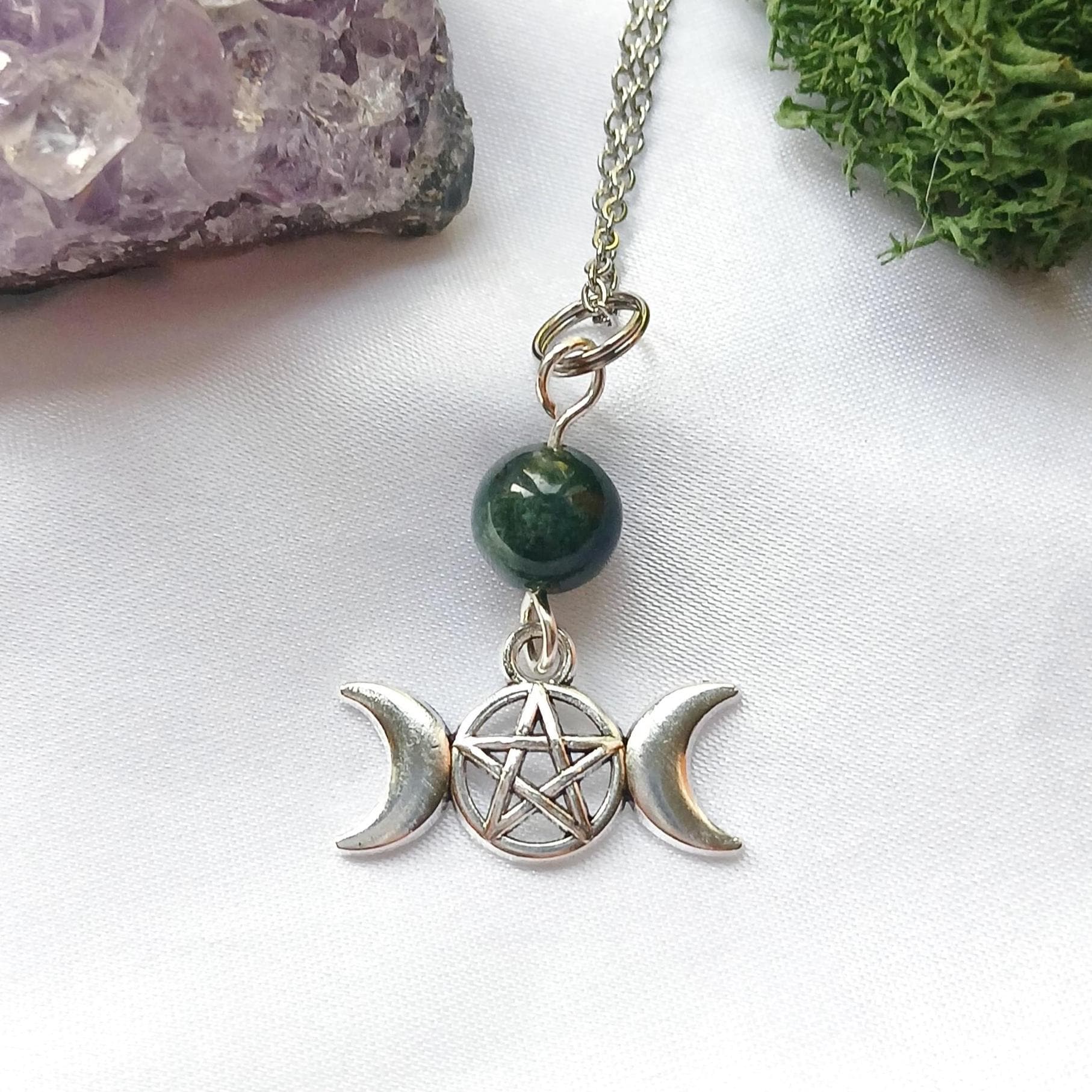 Moss Agate Triple Moon Pentacle Necklace Moss Agate Triple Moon Pentacle Necklace