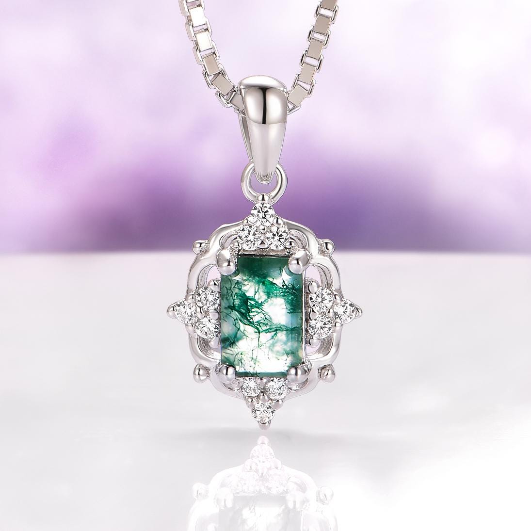 Vintage Green Moss Agate Necklace For Women- 925 Sterling Silver Natural Agate Unique Birthstone Jewelry Anniversary Birthday Gift For Her