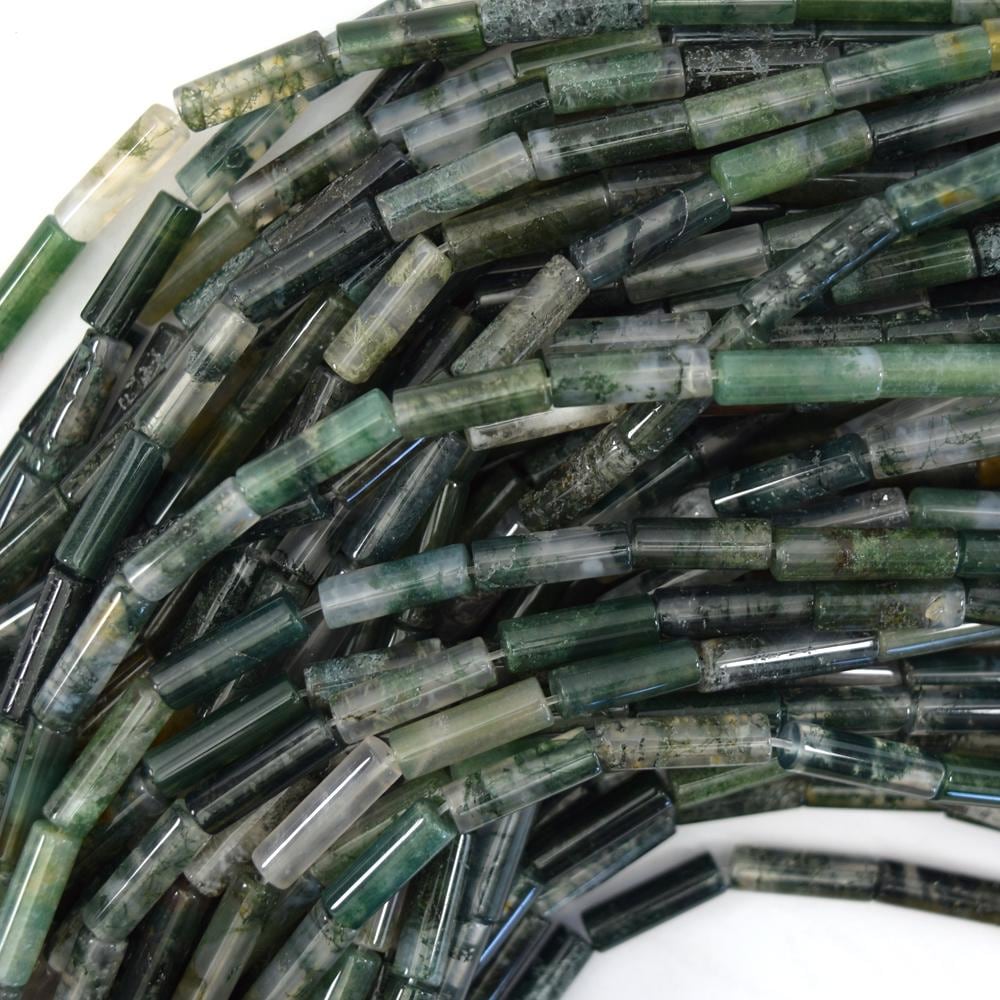 13mm Natural Green Moss Agate Tube Beads 15.5" Strand