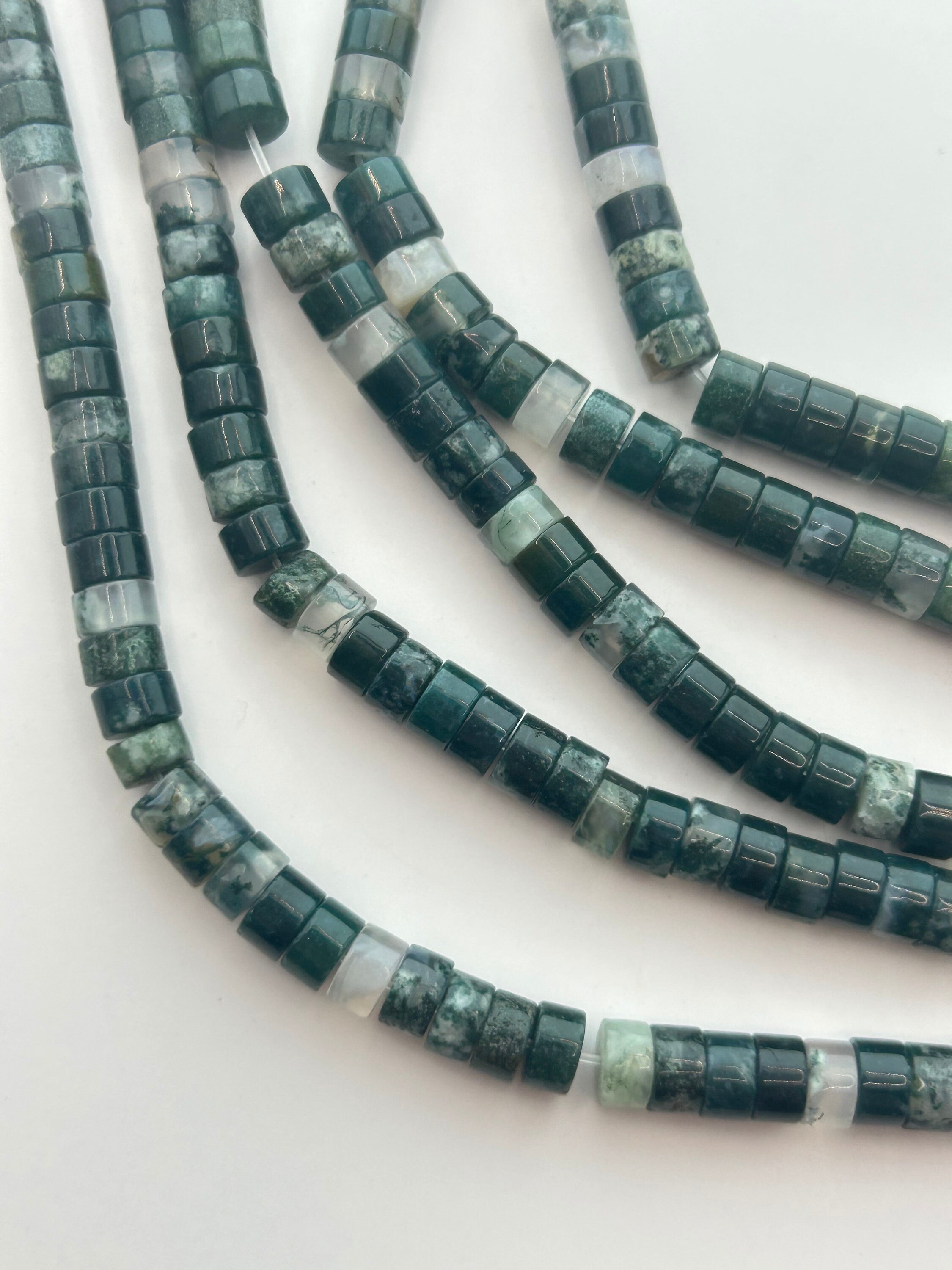 3x6mm Heishi Moss Agate Gemstone Beads.  15” Strand Of Heishi Cut Beads, Approx. 106 Per Strand.