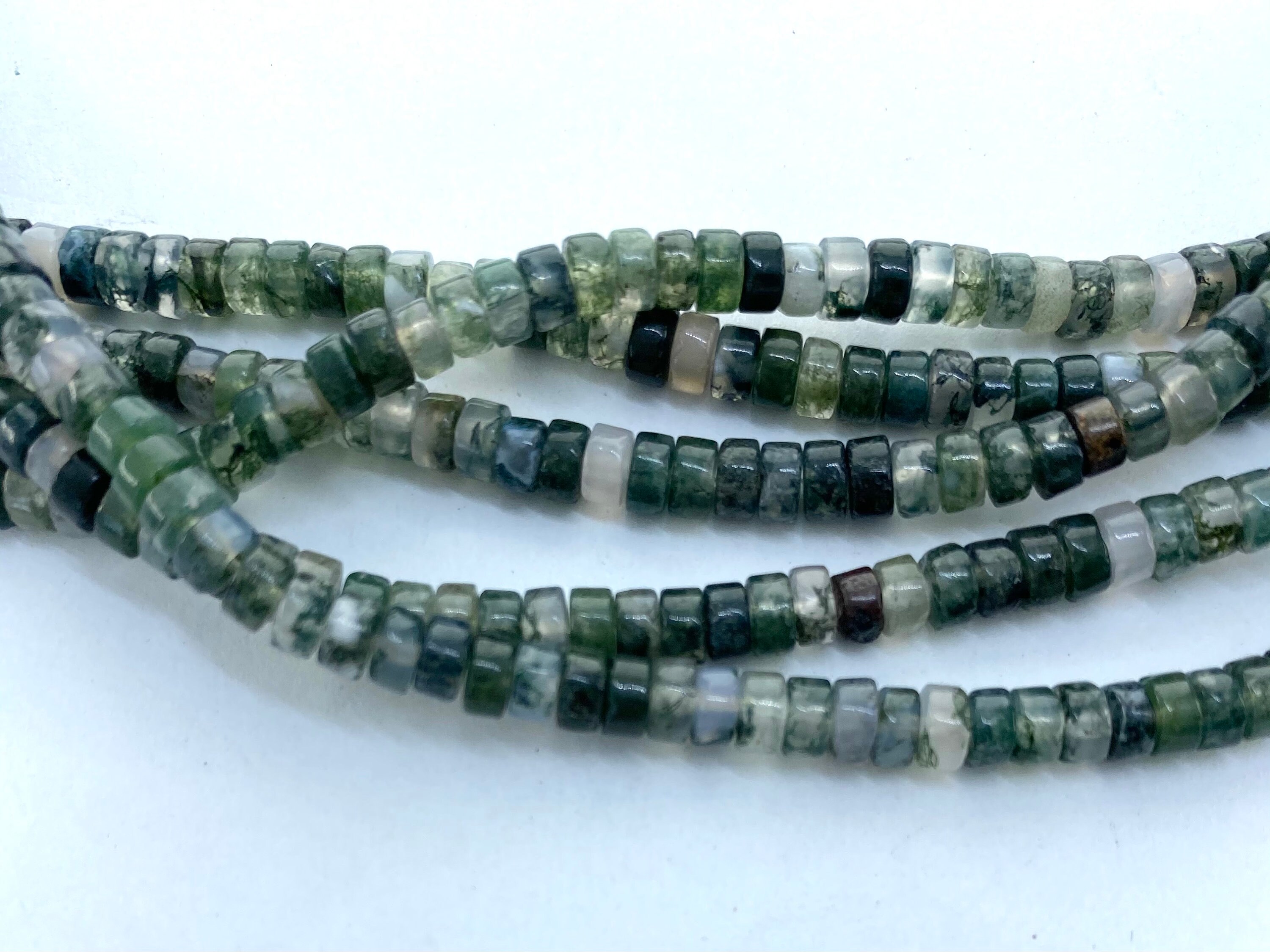 4mm Heishi Moss Agate Gemstone Beads. 15" Strand Of High Grade Heishi Beads, Approx. 120 Beads Per Strand.
