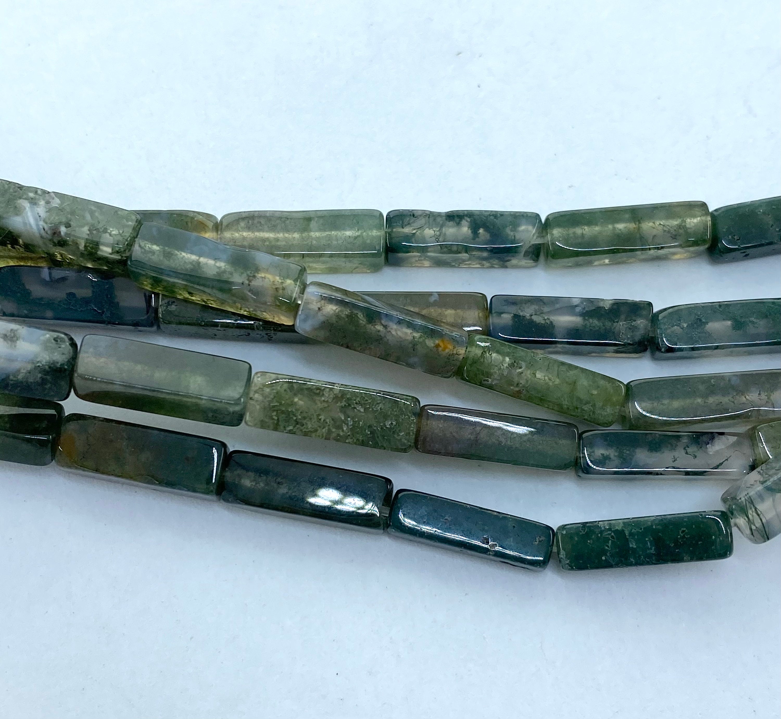 4x13mm Rectagle Moss Agate Gemstone Beads. 15” Strands Of Rectangle Beads, About 29 Per Strand. Green Dendritic Gems. 4x13mm Rectagle Moss Agate Gemstone Beads. 15” Strands Of Rectangle Beads, About 29 Per Strand. Green Dendritic Gems.