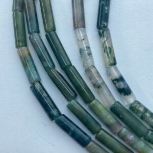 4x13mm Tube Moss Agate Gemstone Beads. 15” strands of high quality tube beads, about 29 per strand. Green Dendritic gems.