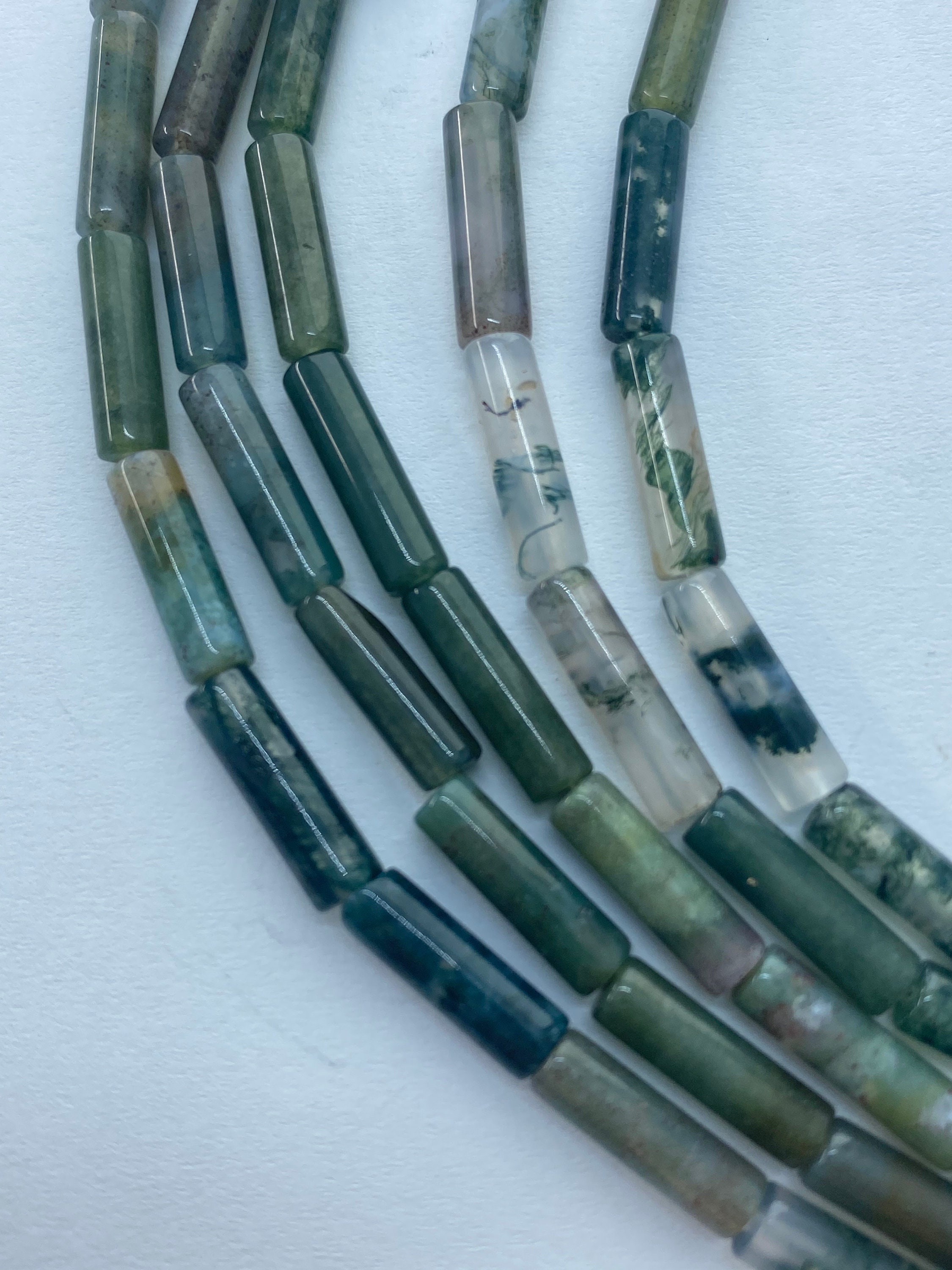 4x13mm Tube Moss Agate Gemstone Beads. 15” Strands Of High Quality Tube Beads, About 29 Per Strand. Green Dendritic Gems.