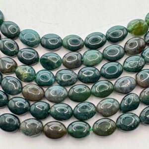 6x8mm Flat Oval Dark Moss Agate Gemstone Beads.  15” strand of green beads, approx. 50 per strand.