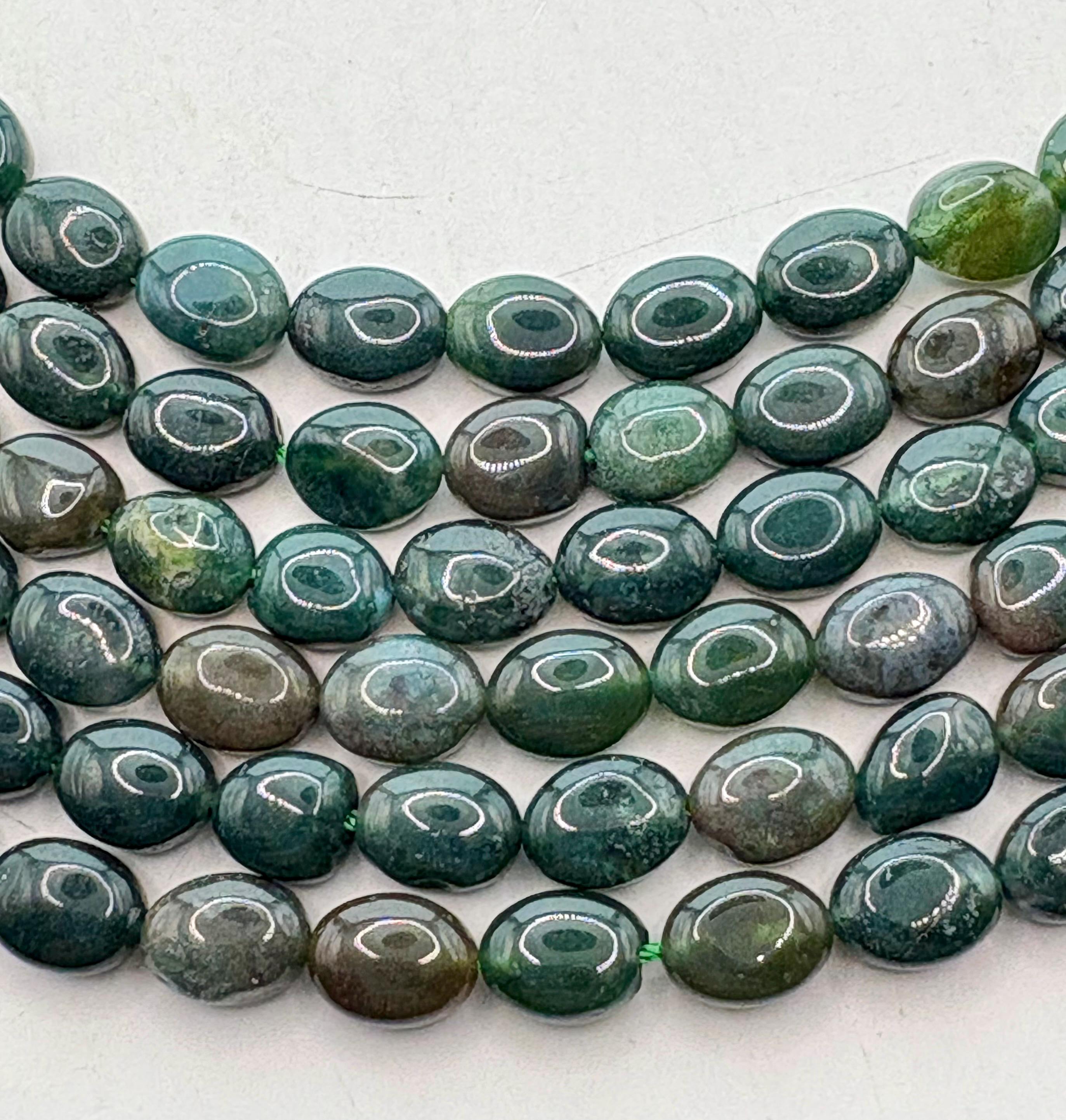 6x8mm Flat Oval Dark Moss Agate Gemstone Beads. 15” Strand Of Green Beads, Approx. 50 Per Strand. 6x8mm Flat Oval Dark Moss Agate Gemstone Beads. 15” Strand Of Green Beads, Approx. 50 Per Strand.