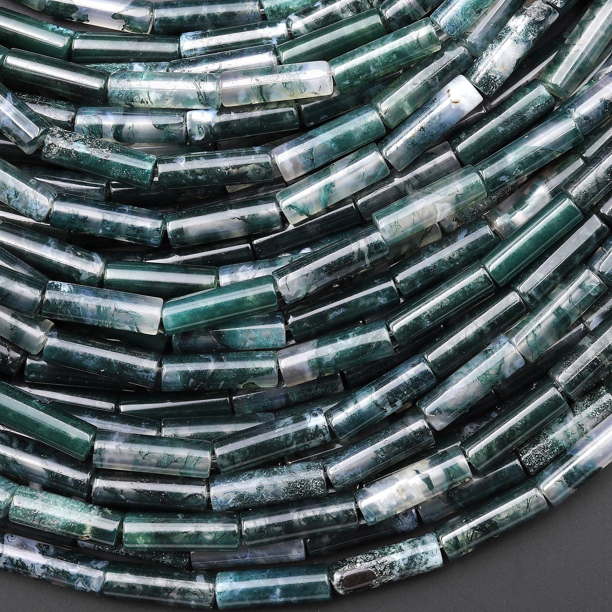 Aaa Natural Green Moss Agate Thin Long Tube Beads Translucent Gemstone 15.5" Strand