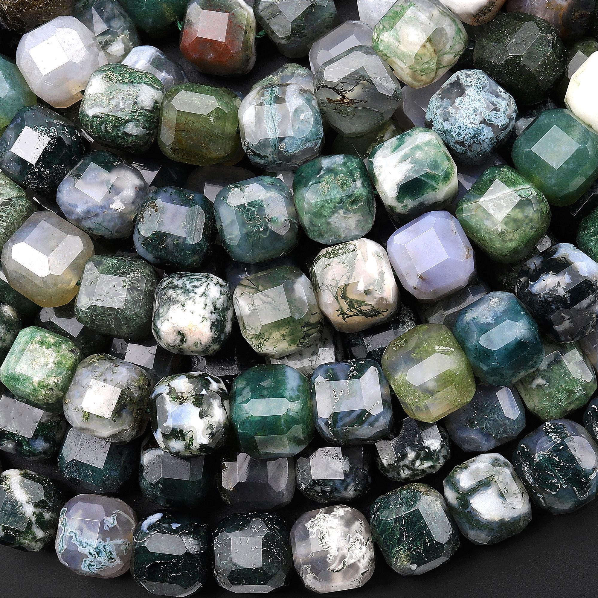 Aaa Faceted Natural Green Moss Agate 8mm Cube Beads 15.5" Strand