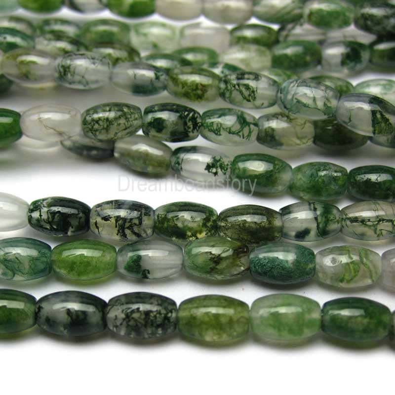 Moss Agate Beads, Natural Green Moss Agate Strands, 5*8mm Landscape Agate Gemstone Rice Beads, Forest Green Beads For Jewelry Making