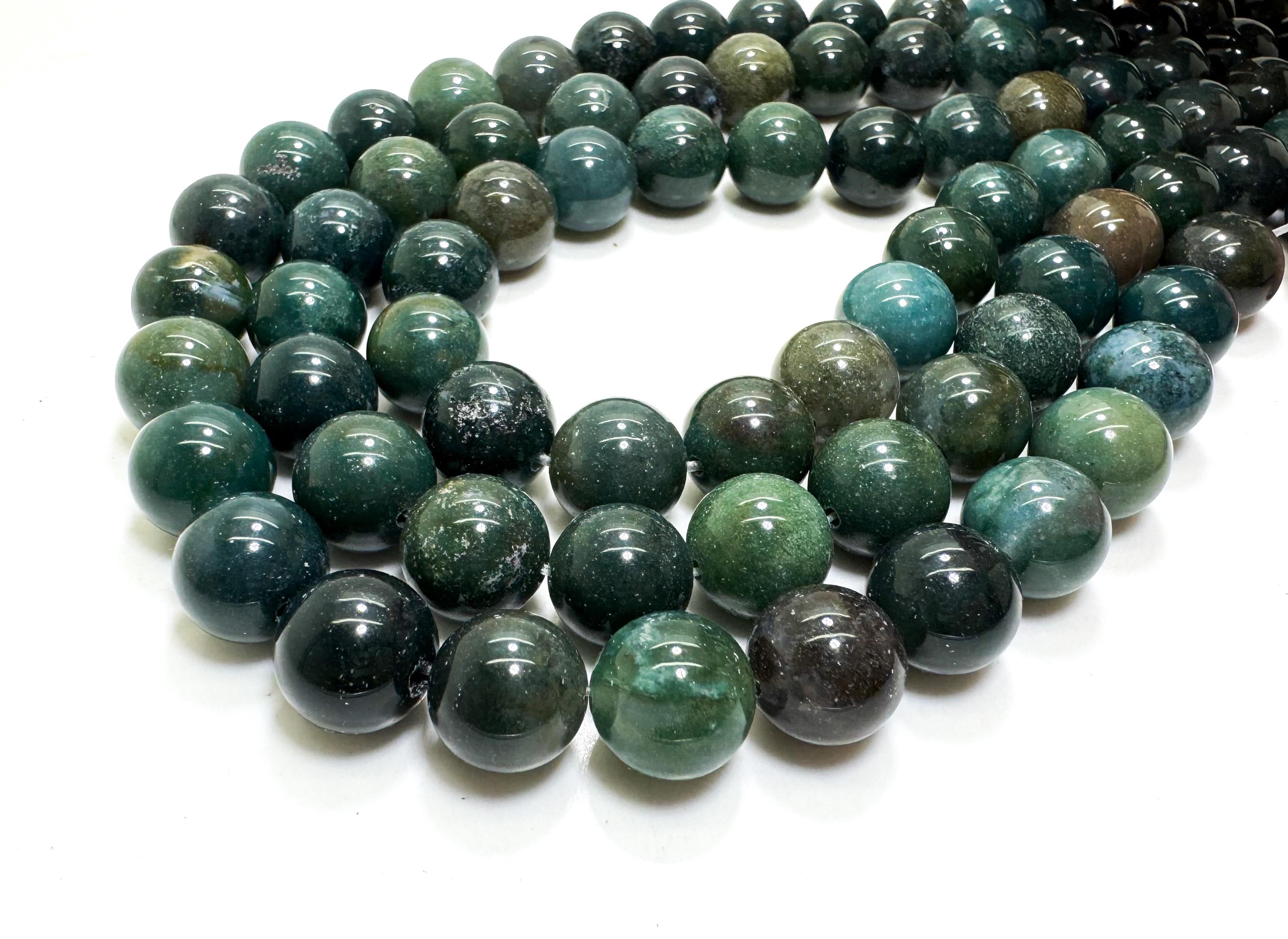 Natural Dark Green Moss Agate Smooth Round Polished Beads: Polished Gemstone, Jewelry Making - Pg310b