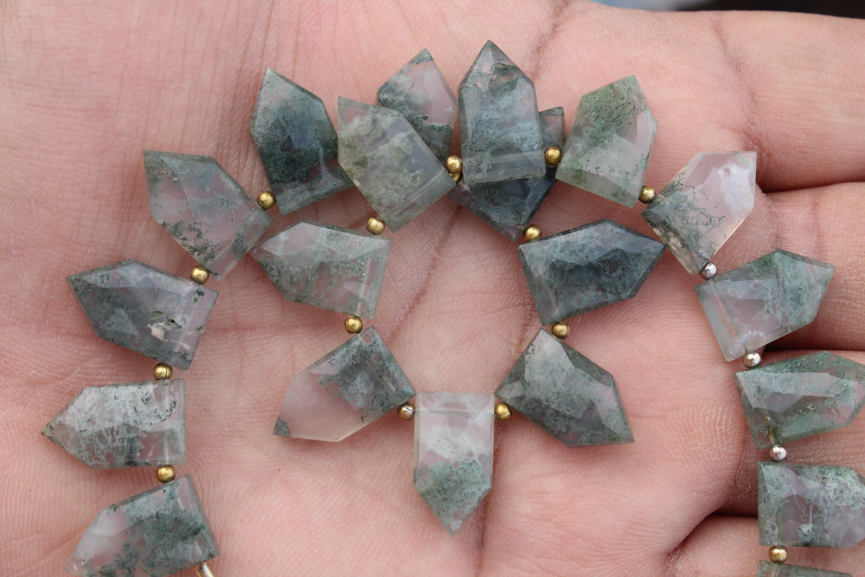 Moss Agate Gemstone Faceted Briolette Beads I 10 Pieces Pentagon-shaped I Size 9x17 Mm App. I Jewelry Setting [c221]