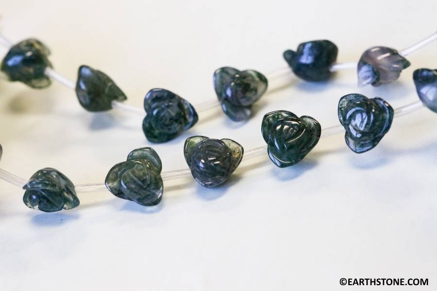 M/ Moss Agate 10mm Carved Rose Beads 16" Strand Natural Gemstone For Jewelry Making