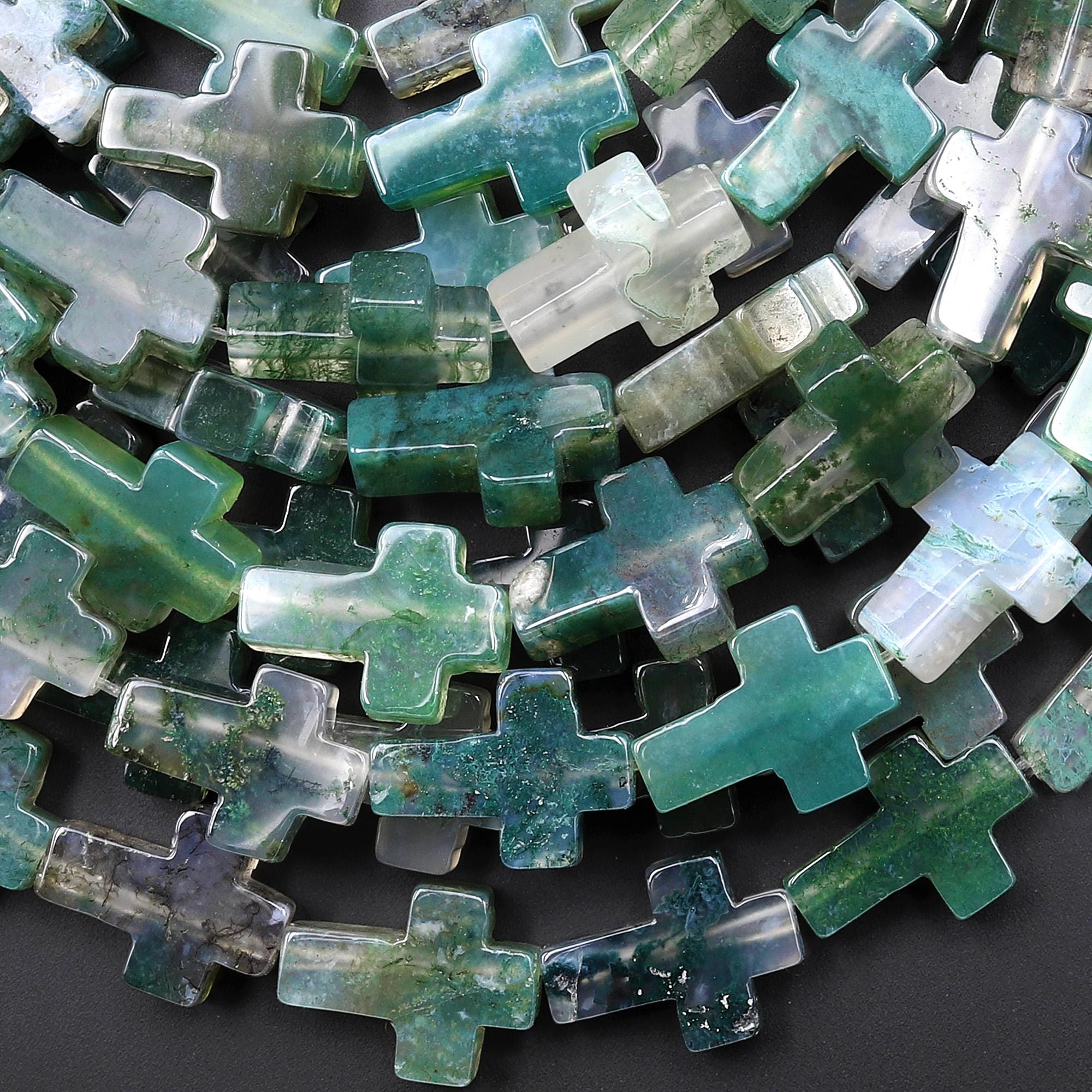 Natural Green Moss Agate Cross Beads 10x14mm 12x20mm Vertically Drilled Gemstone 15.5" Strand Natural Green Moss Agate Cross Beads 10x14mm 12x20mm Vertically Drilled Gemstone 15.5" Strand