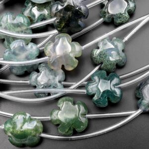 Natural Green Moss Agate Carved Cherry Blossom Flower Gemstone Beads 15mm