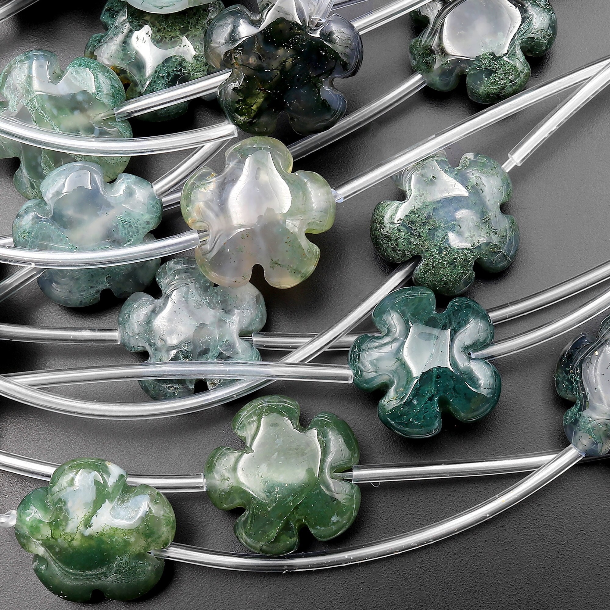 Natural Green Moss Agate Carved Cherry Blossom Flower Gemstone Beads 15mm