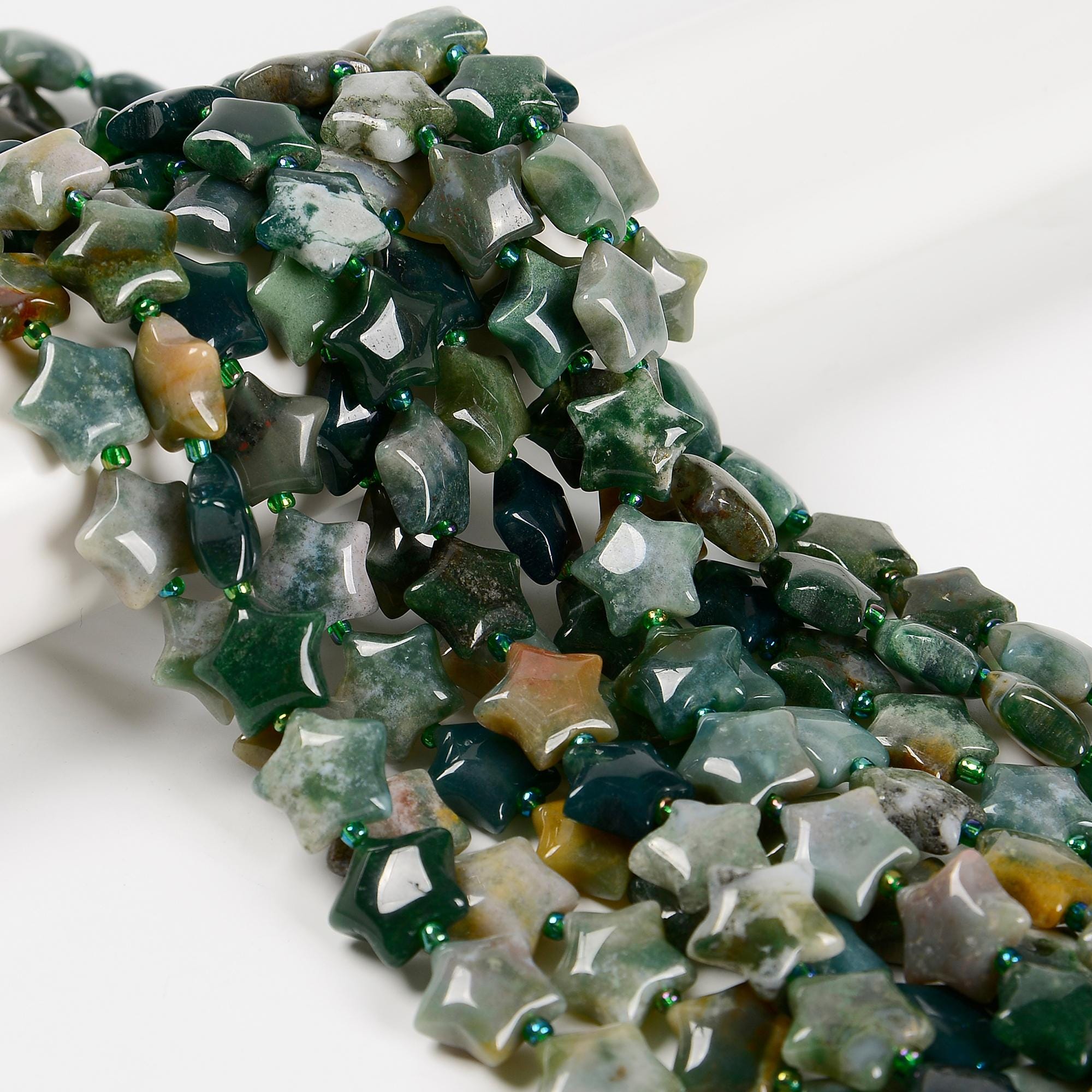 Natural Moss Agate Five-pointed Star Shape Beads Size 15mm 15.5'' Strand Natural Moss Agate Five-pointed Star Shape Beads Size 15mm 15.5'' Strand