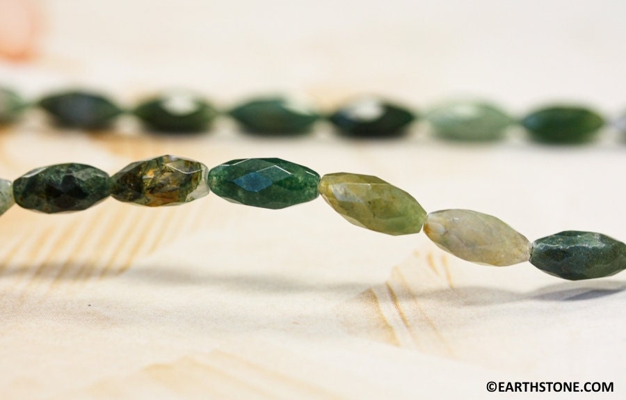 Moss Agate Faceted Oval Rice Beads, 6x12mm Natural Green Gemstone Strand For Jewelry Making, Nature Inspired Supplies Moss Agate Faceted Oval Rice Beads, 6x12mm Natural Green Gemstone Strand For Jewelry Making, Nature Inspired Supplies