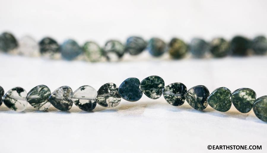 S/ Moss Agate 8mm/ 6mm Flat Heart Beads 16" Strand Natural Green Quartz Gemstone Beads For Jewelry Making