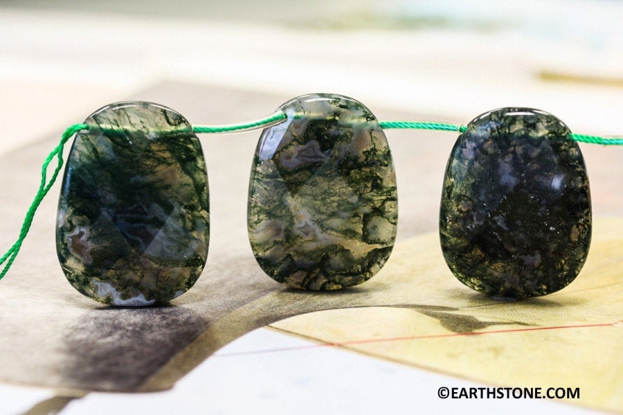 Xl/ Moss Agate 30x40mm Faceted Flat Drop Beads 8" Strand 6pc Natural Gemstone For Jewelry Making