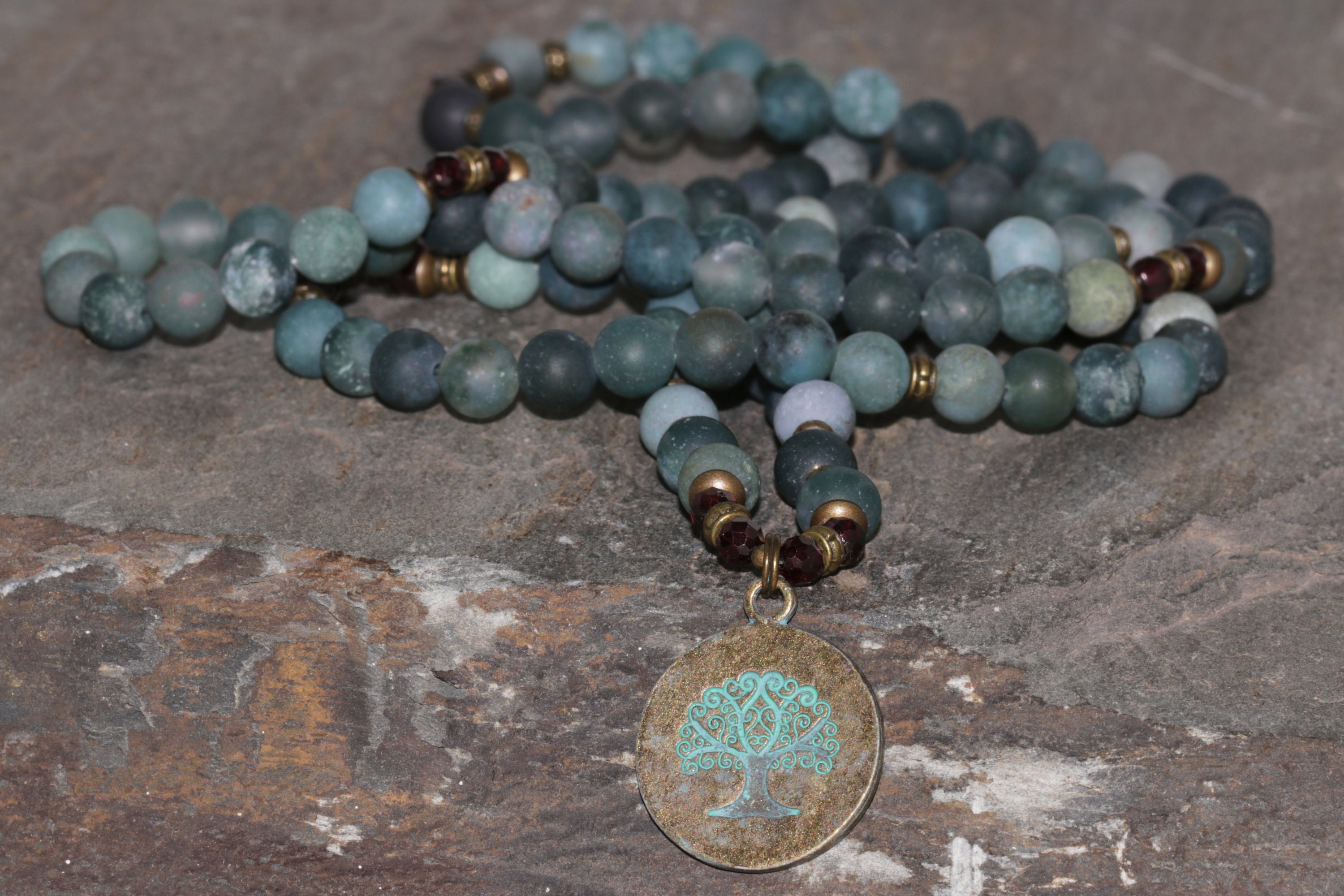 Moss Agate 108 Mala Beads Yoga Necklace Tree Of Life Pendant Mala Nature And Meditation Jewelry Buddhist Necklace Mala Natural Genuine Beads