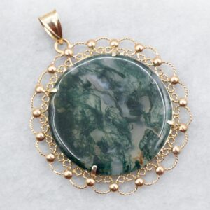 14K Yellow Gold Moss Agate Pendant, Large Cabochon 14K Yellow Gold Moss Agate Pendant, Large Cabochon