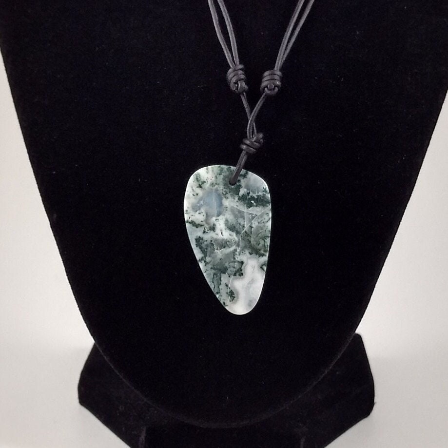 Moss Agate Pendant Adjustable Leather Necklace Handmade By Chris Hay