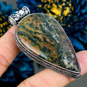 Antique Pear Moss Agate Pendant: 925 Sterling Silver Gemstone Antique Pear Moss Agate Pendant: 925 Sterling Silver Gemstone