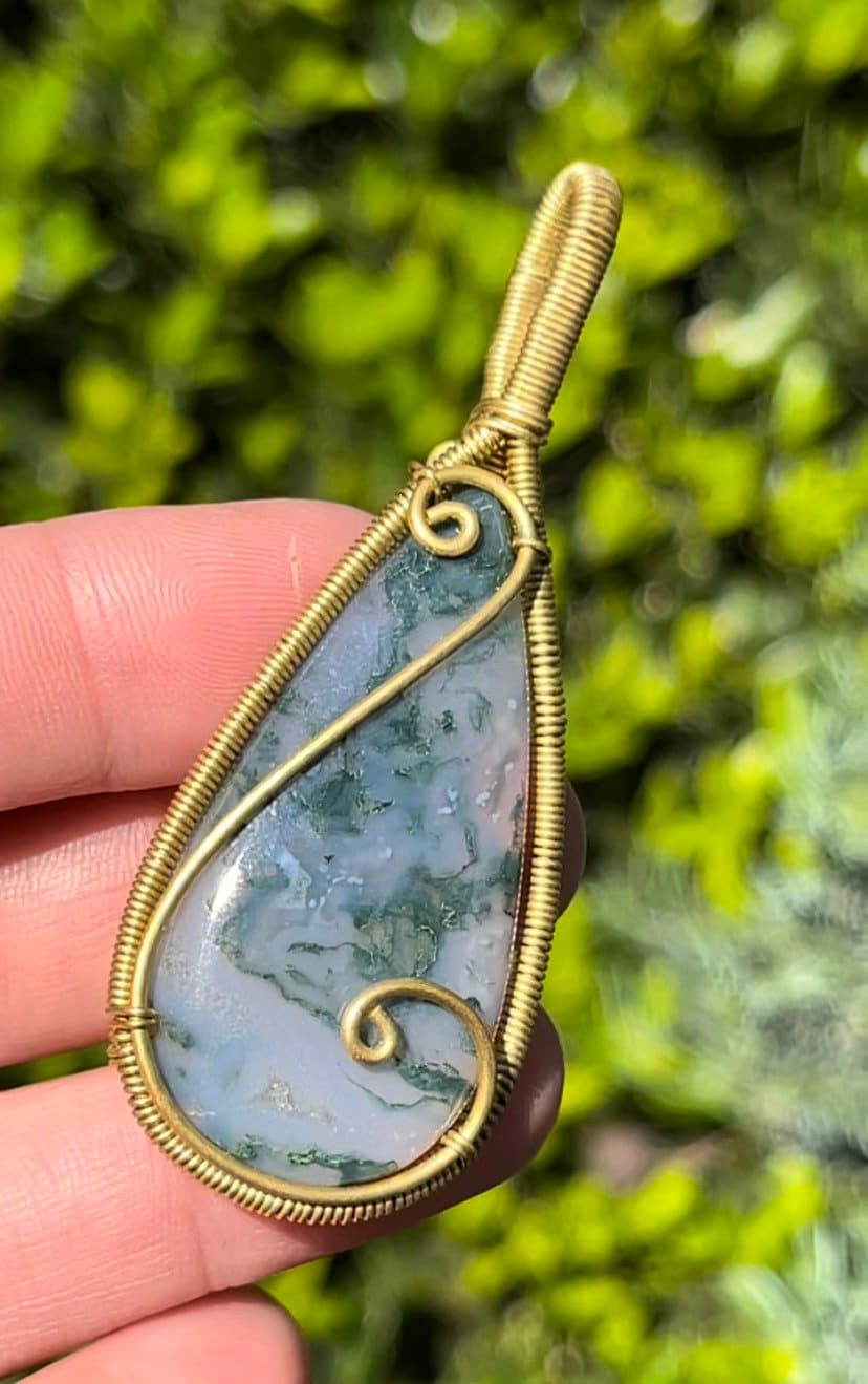 Moss Agate Brass Wire Wrapped Pendant Necklace ~ Handmade Wire Wrapped Crystals ~ Jewelry ~