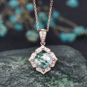 Cushion Cut Natural Green Moss Agate Necklace Solid 14k Rose Gold Floral Halo Moissanite Diamond Pendant Women Bridal Anniversary Gift Cushion Cut Natural Green Moss Agate Necklace Solid 14k Rose Gold Floral Halo Moissanite Diamond Pendant Women Bridal Anniversary Gift