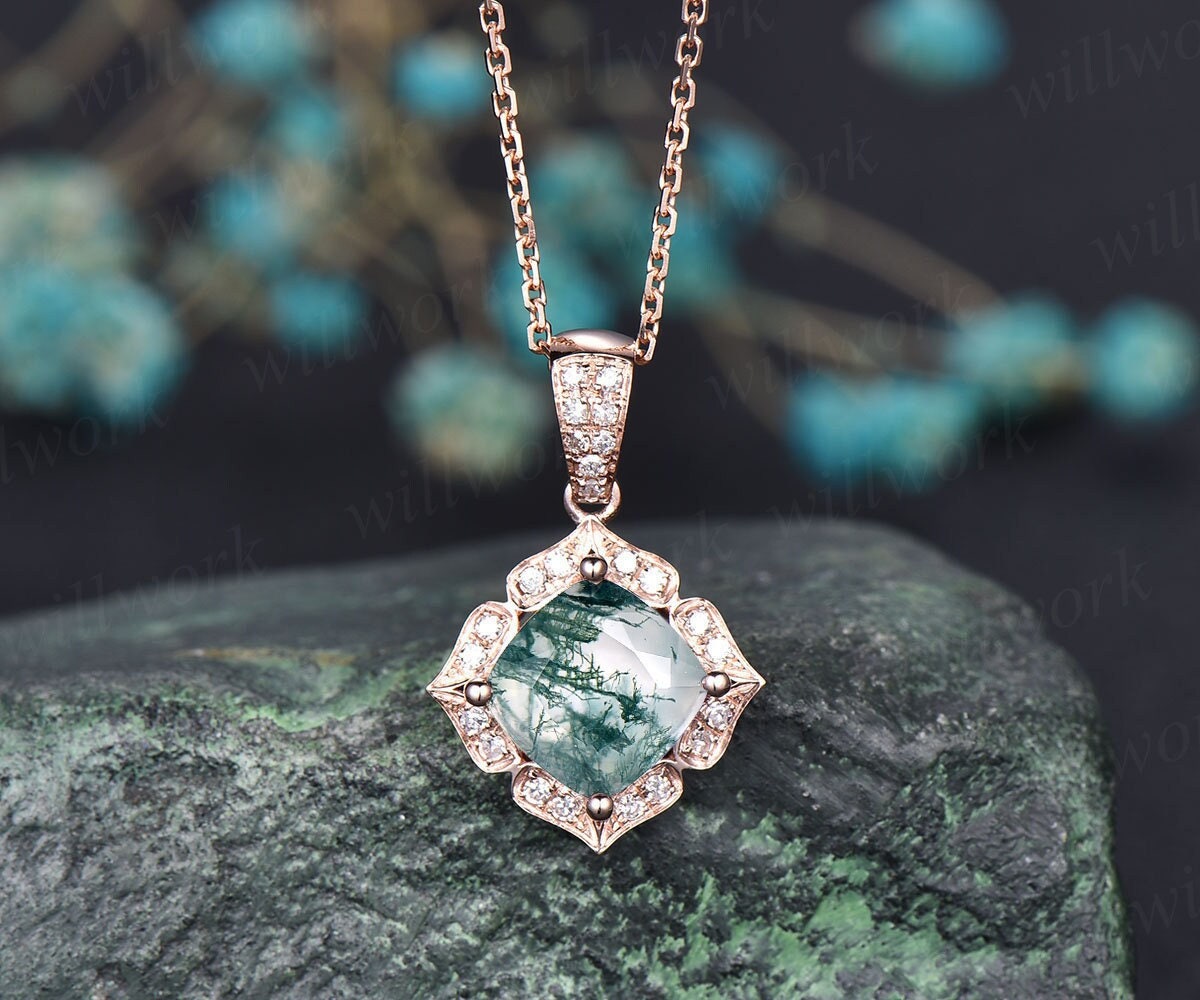 Cushion Cut Natural Green Moss Agate Necklace Solid 14k Rose Gold Floral Halo Moissanite Diamond Pendant Women Bridal Anniversary Gift