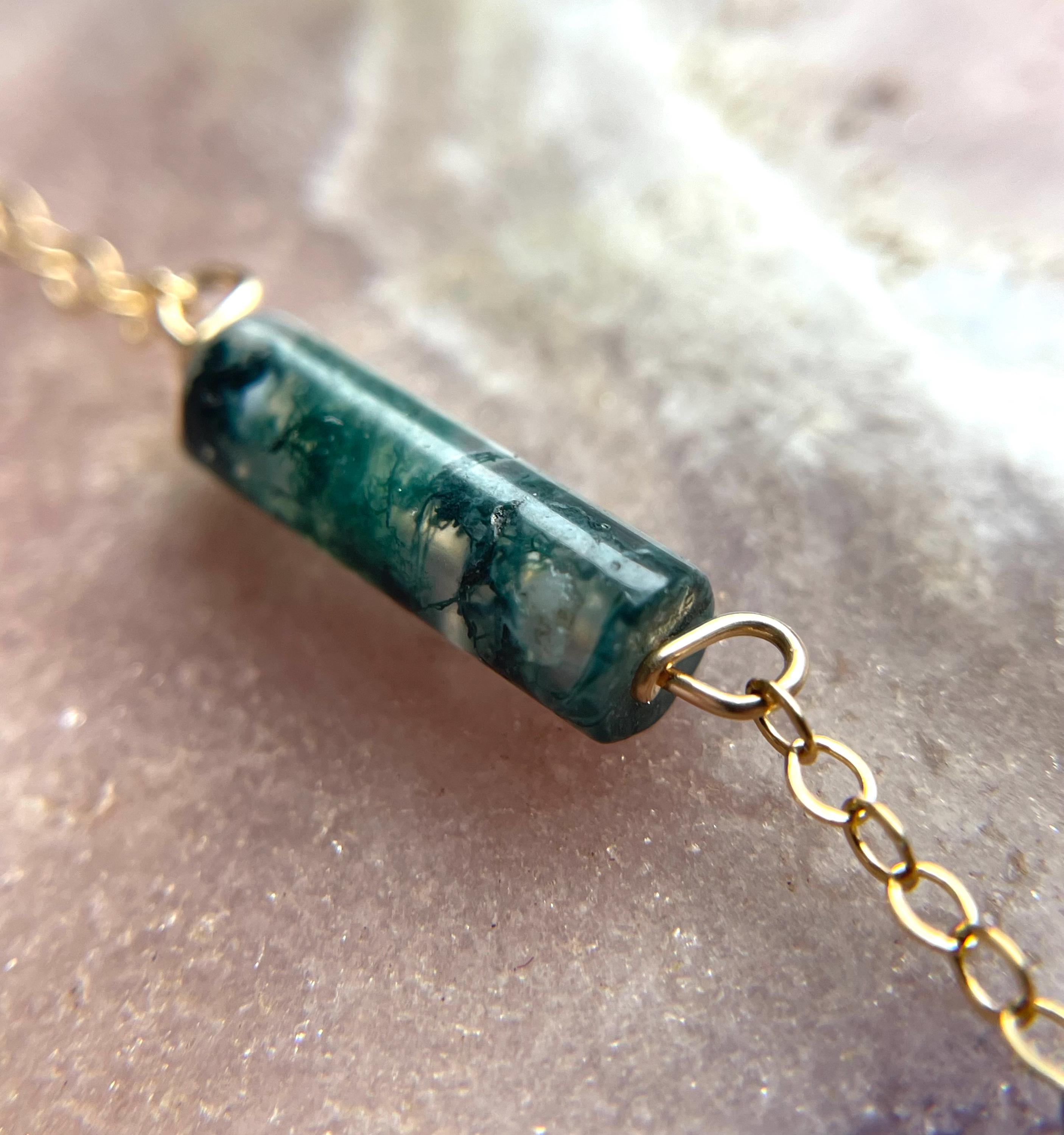 Dainty Moss Agate Crystal Pendant Necklace: Sterling Silver Or Gold Fill