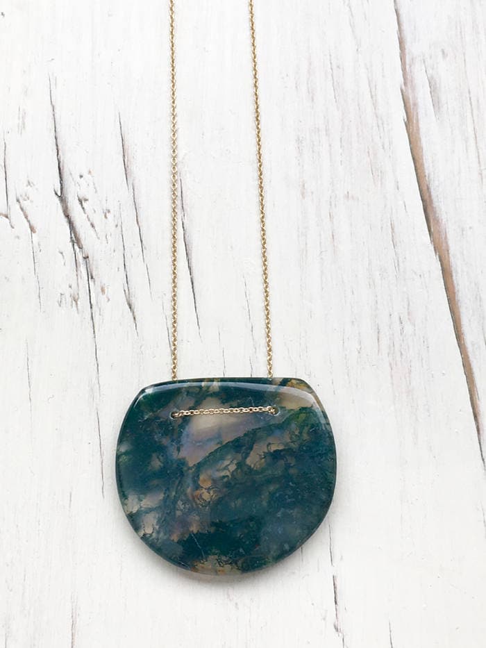 Green Moss Agate Necklace: 14k Gold Filled Geometric Pendant