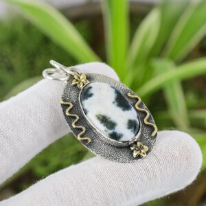 Handmade Moss Agate Pendant: 925 Sterling Silver, 18K Gold Plated Handmade Moss Agate Pendant: 925 Sterling Silver, 18K Gold Plated
