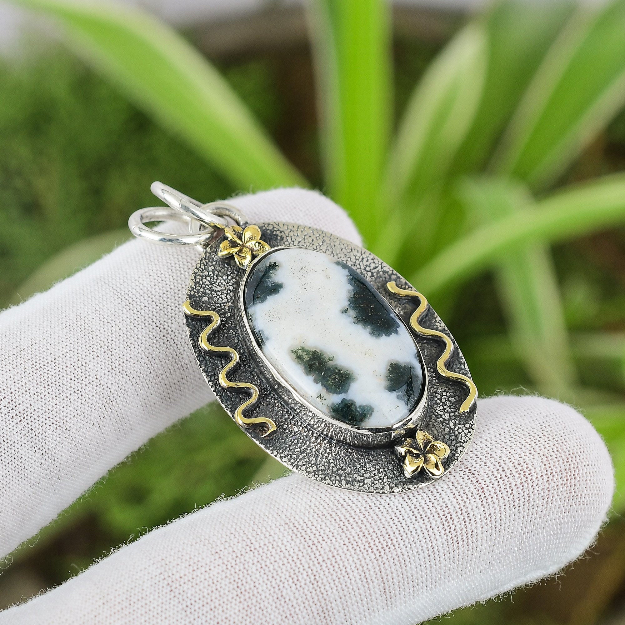Handmade Moss Agate Pendant: 925 Sterling Silver, 18k Gold Plated Handmade Moss Agate Pendant: 925 Sterling Silver, 18k Gold Plated
