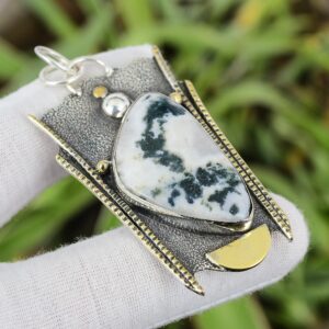 Handmade Moss Agate Pendant: 925 Sterling Silver, 18K Gold Plated Handmade Moss Agate Pendant: 925 Sterling Silver, 18K Gold Plated