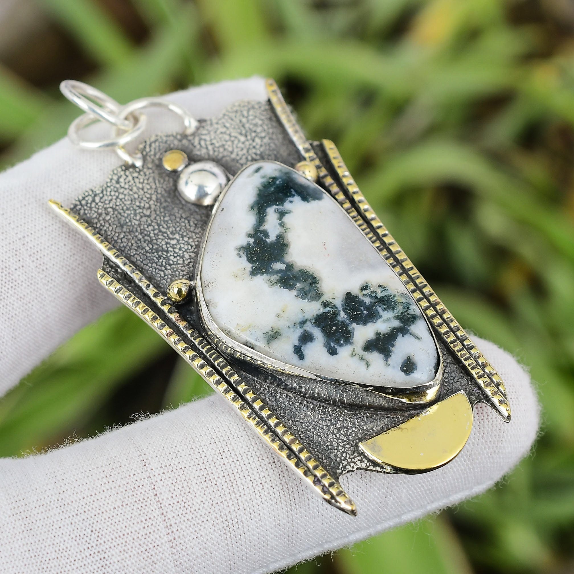 Handmade Moss Agate Pendant: 925 Sterling Silver, 18k Gold Plated Handmade Moss Agate Pendant: 925 Sterling Silver, 18k Gold Plated