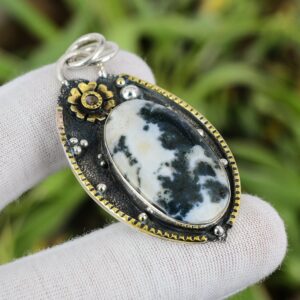 Handmade Moss Agate Pendant: 925 Sterling Silver, 18K Gold Plated Handmade Moss Agate Pendant: 925 Sterling Silver, 18K Gold Plated