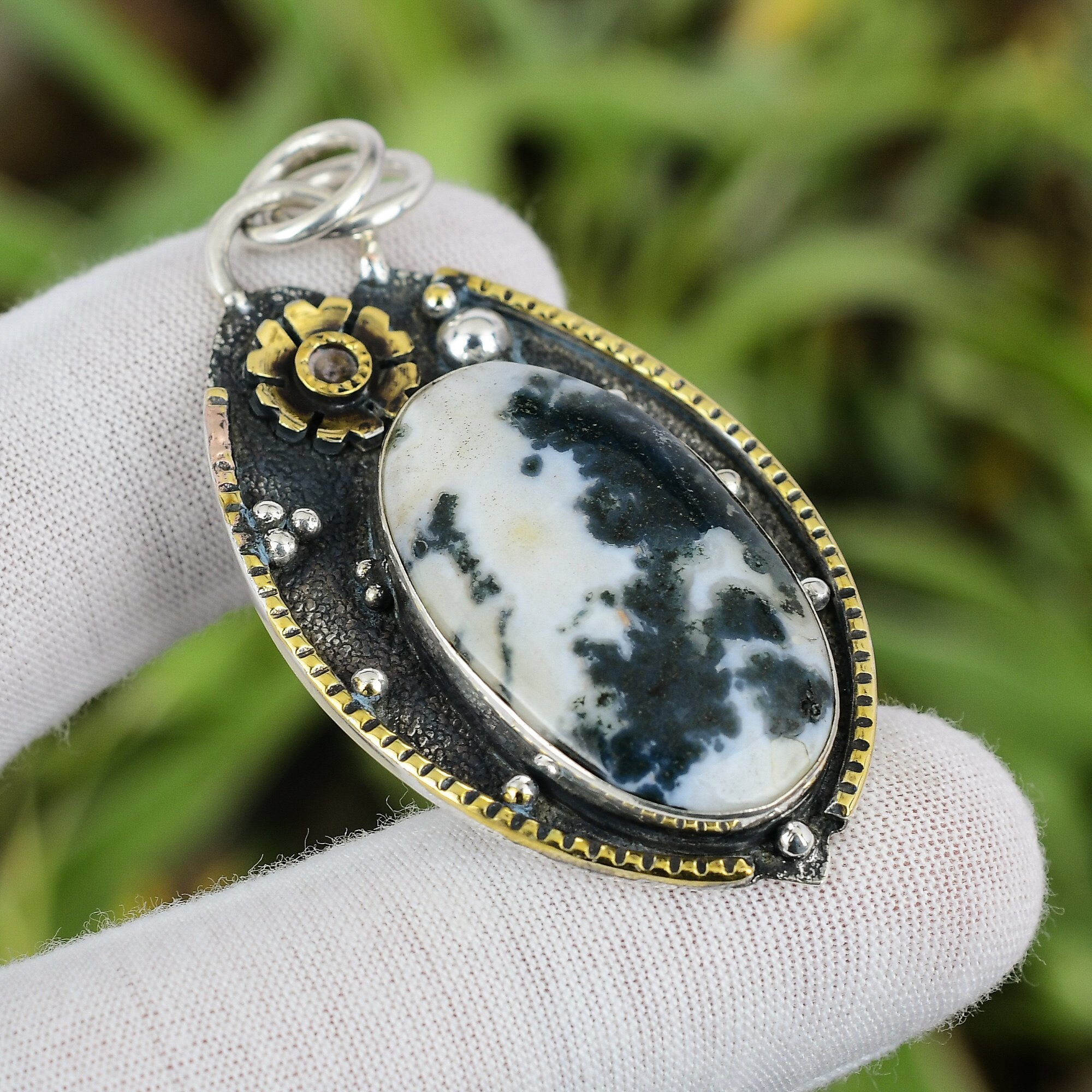 Handmade Moss Agate Pendant: 925 Sterling Silver, 18k Gold Plated
