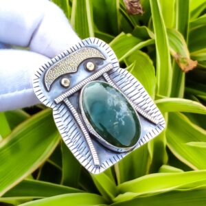 Handmade Moss Agate Pendant: 925 Sterling Silver, 18K Gold Plated Handmade Moss Agate Pendant: 925 Sterling Silver, 18K Gold Plated