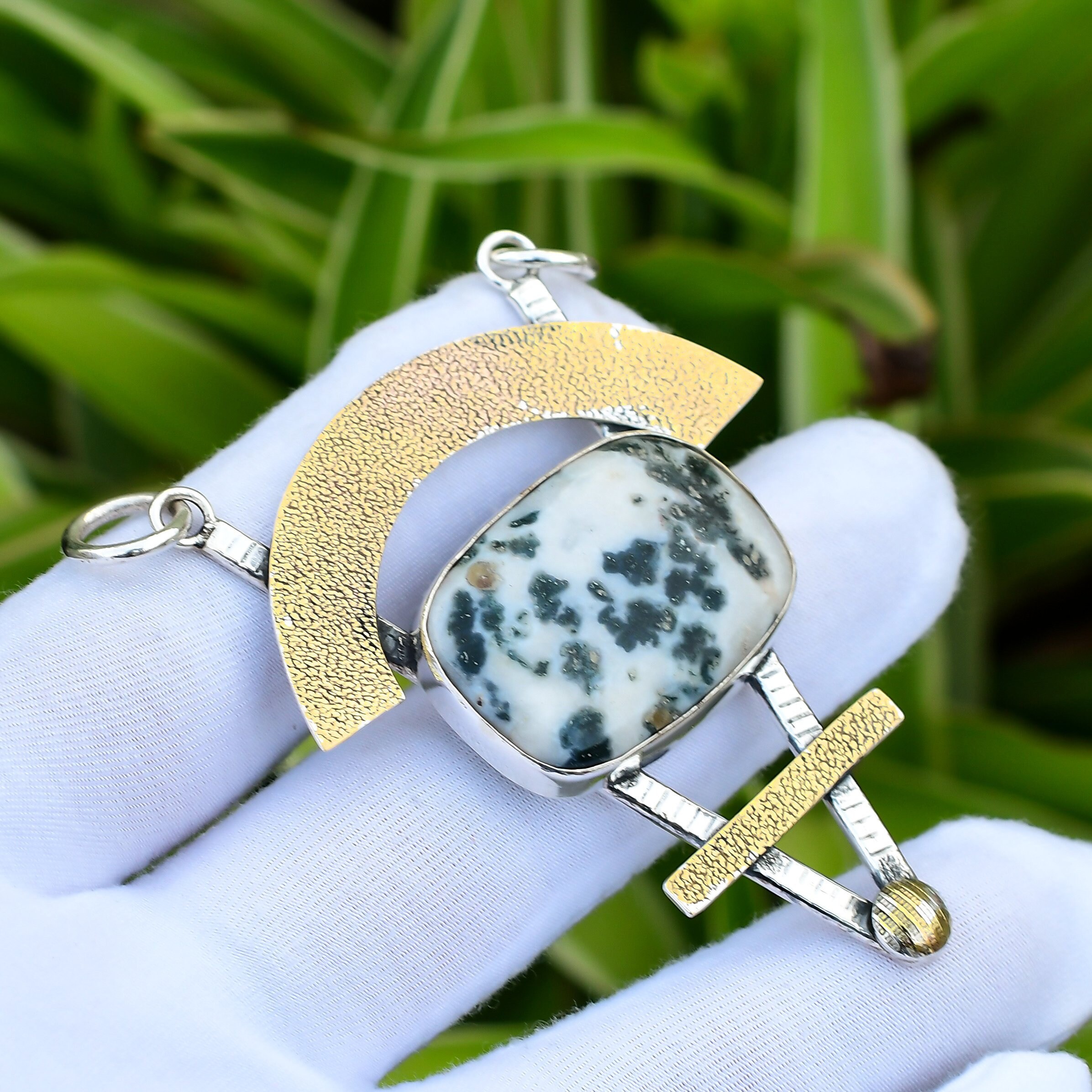 Moss Agate Pendant: Handmade 925 Sterling Silver 18k Gold Plated Jewelry