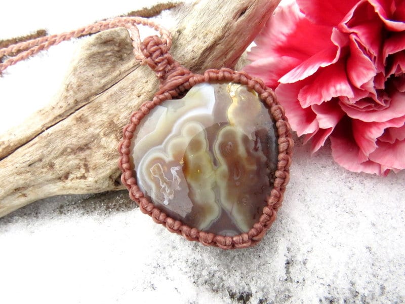 Handmade Gifts, Plume Agate Gemstone Necklace, Moss Agate, Friendship Gifts, Heart Shape Pendant Macrame Necklace, Self Gifts, Heart Jewelry