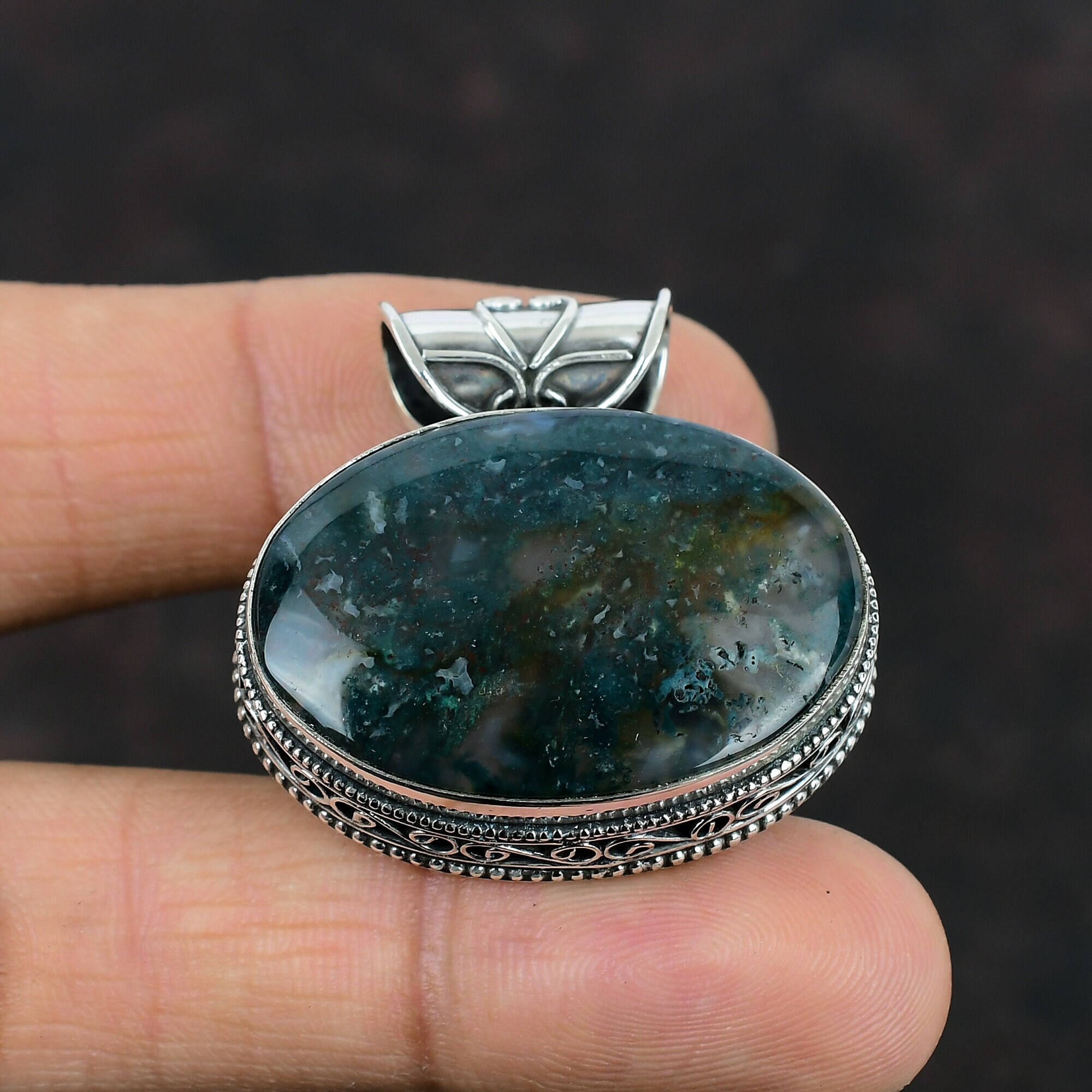 Handmade Oval Moss Agate Pendant: 925 Sterling Silver Jewelry