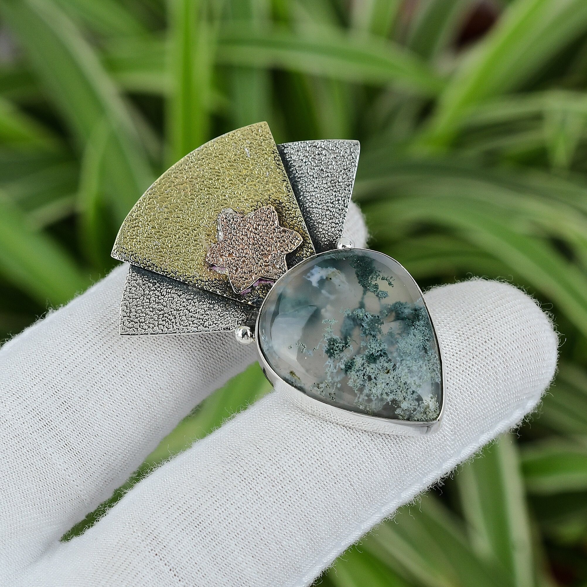 Handmade Pear Solar Moss Agate Pendant: 925 Sterling Silver, 18k Gold Plated