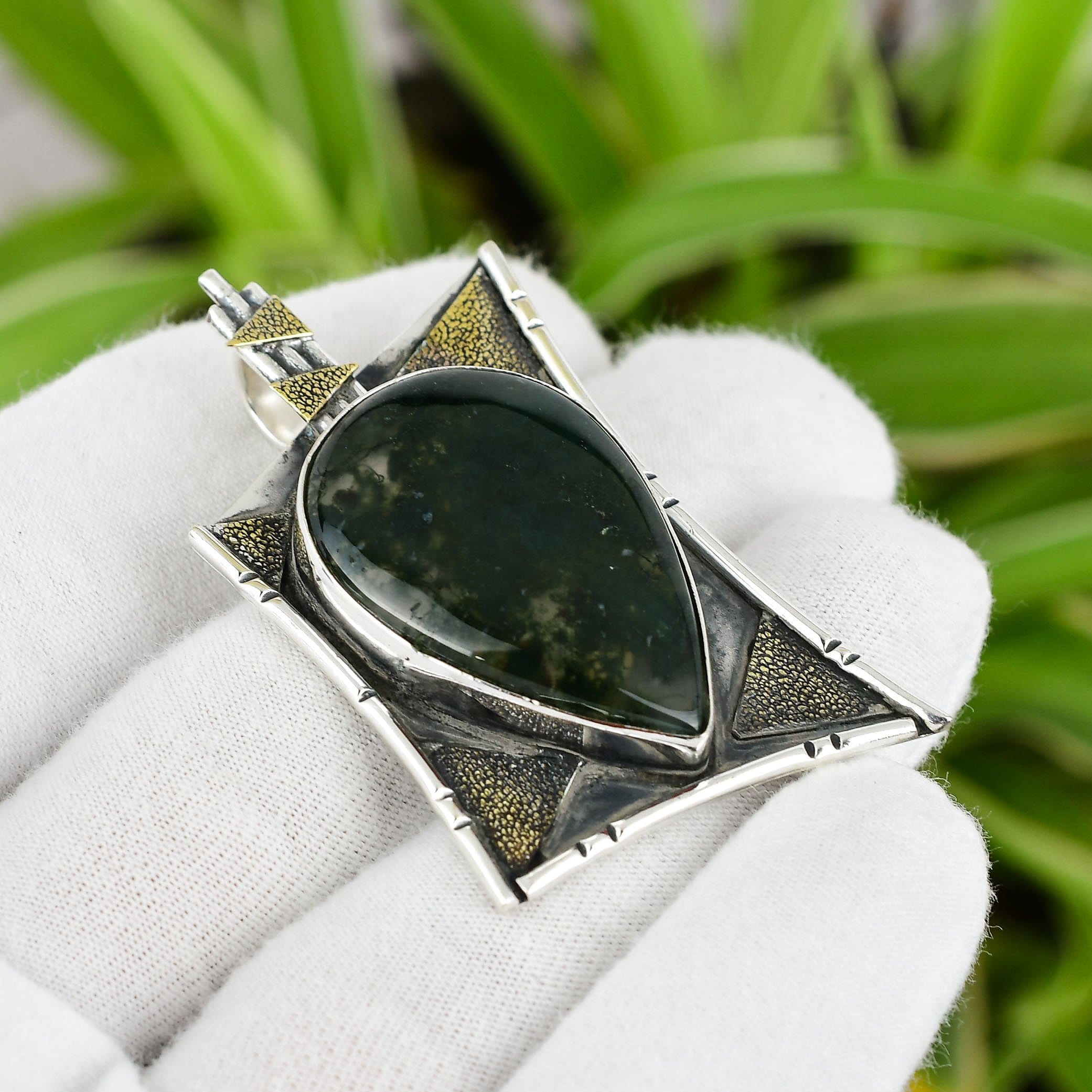 Handmade Pear Solar Moss Agate Pendant: 925 Sterling Silver, 18k Gold Plated